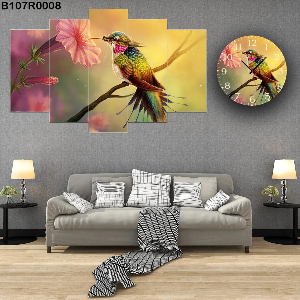 A clock and wall panel with colorful bird on branch view