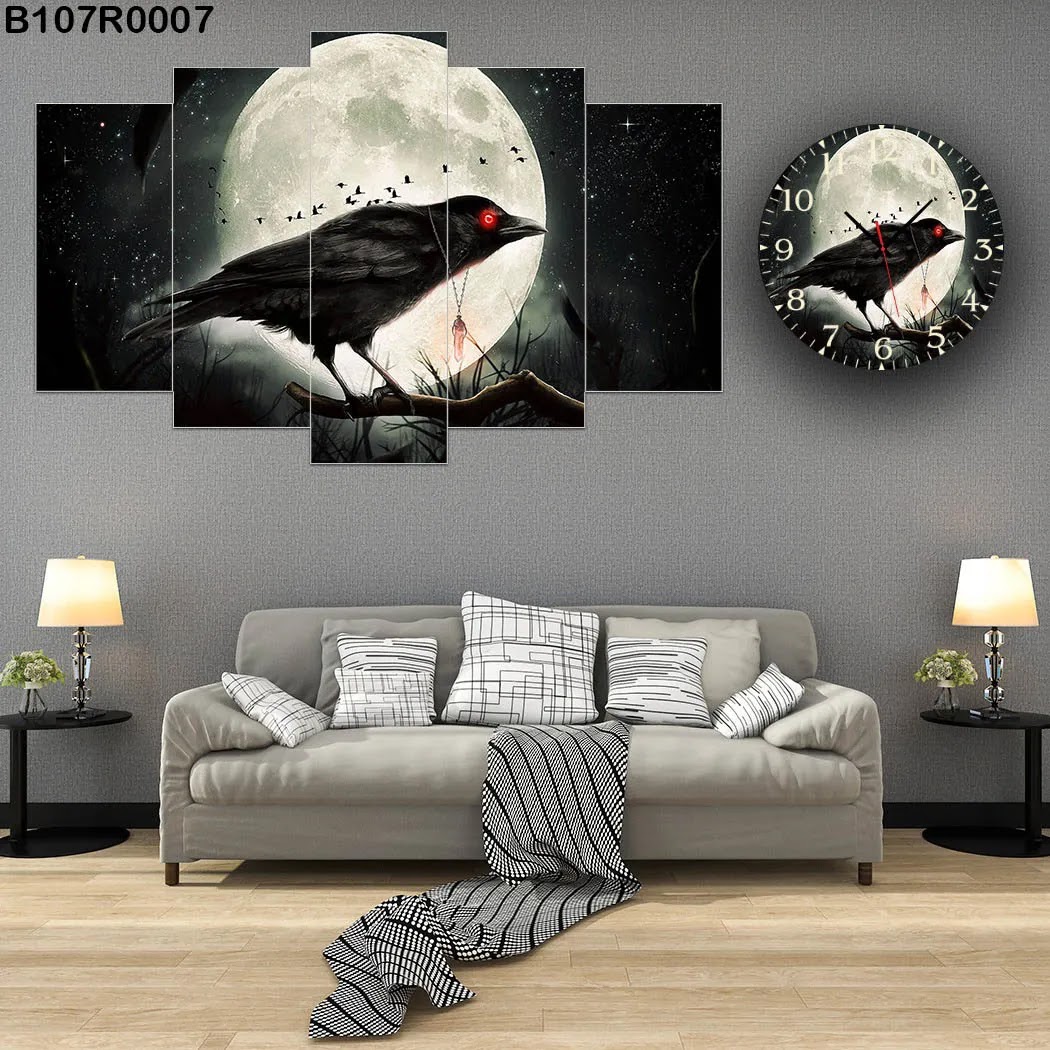 A clock and Large wall panel with moon and raven view