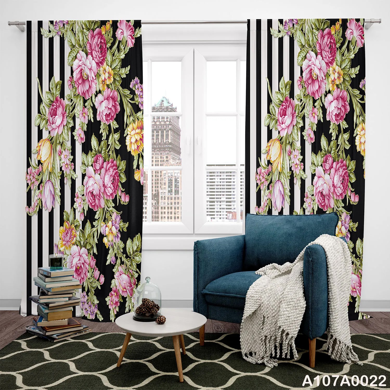 Curtains in black and white with juri roses for office and houses