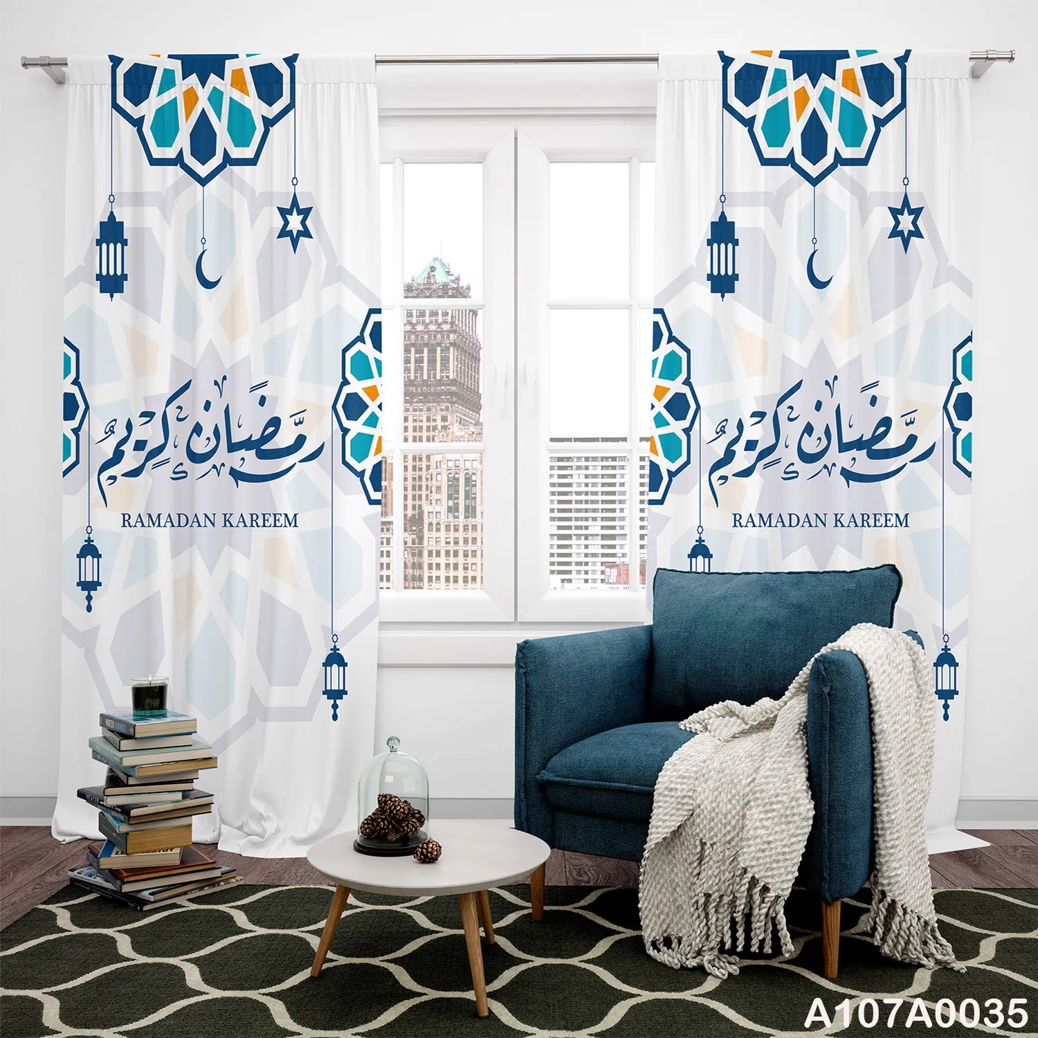 Curtains for Ramadan in white and blue