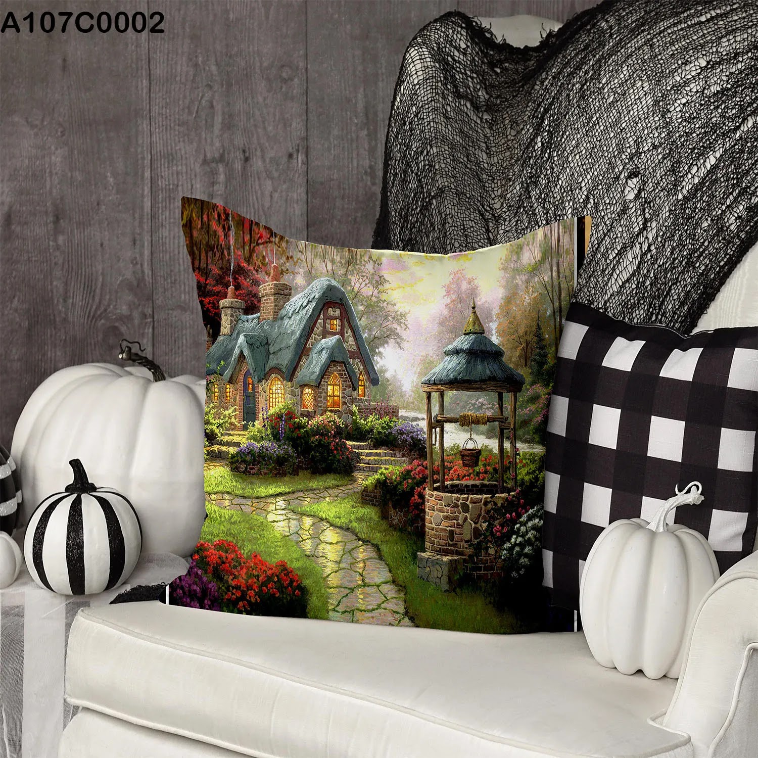 Pillow case with cottage and garden
