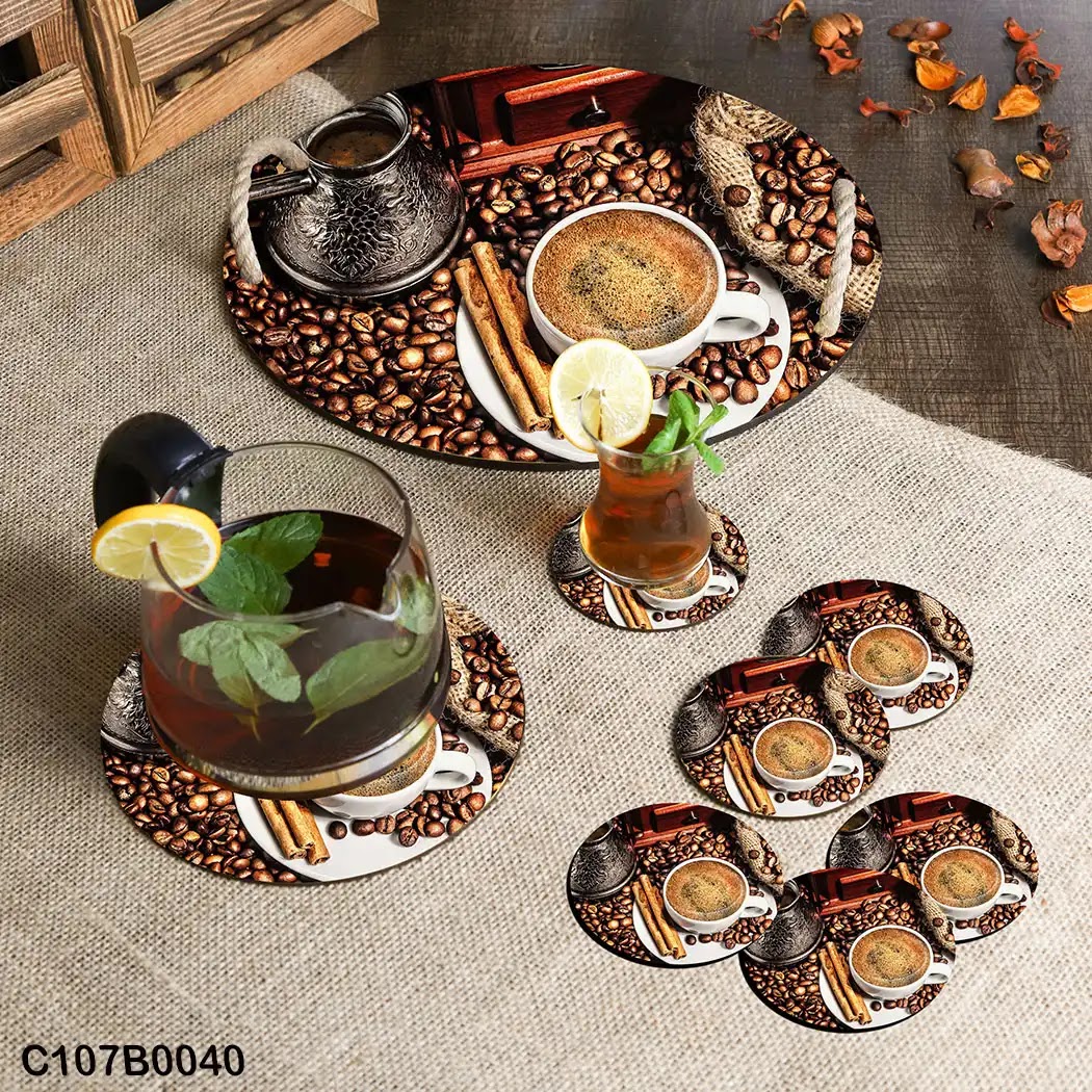 Circular tray set with dallah and white coffee cup