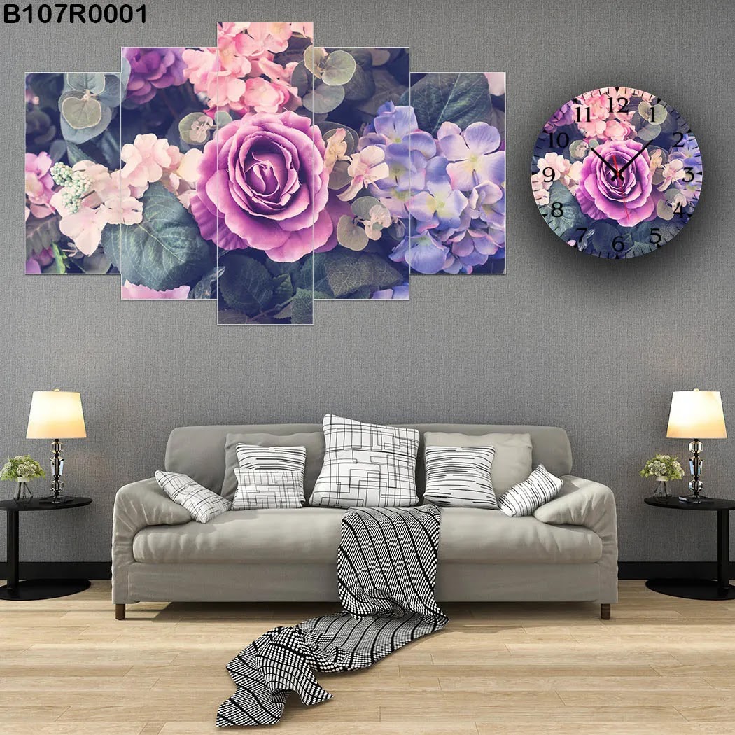 A clock and large picture with violet flowers