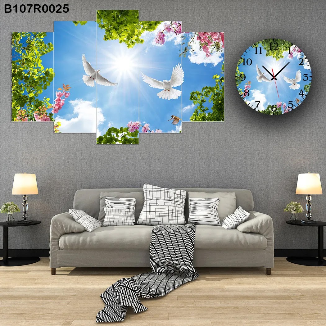 A clock and Wall panel with sky and birds view