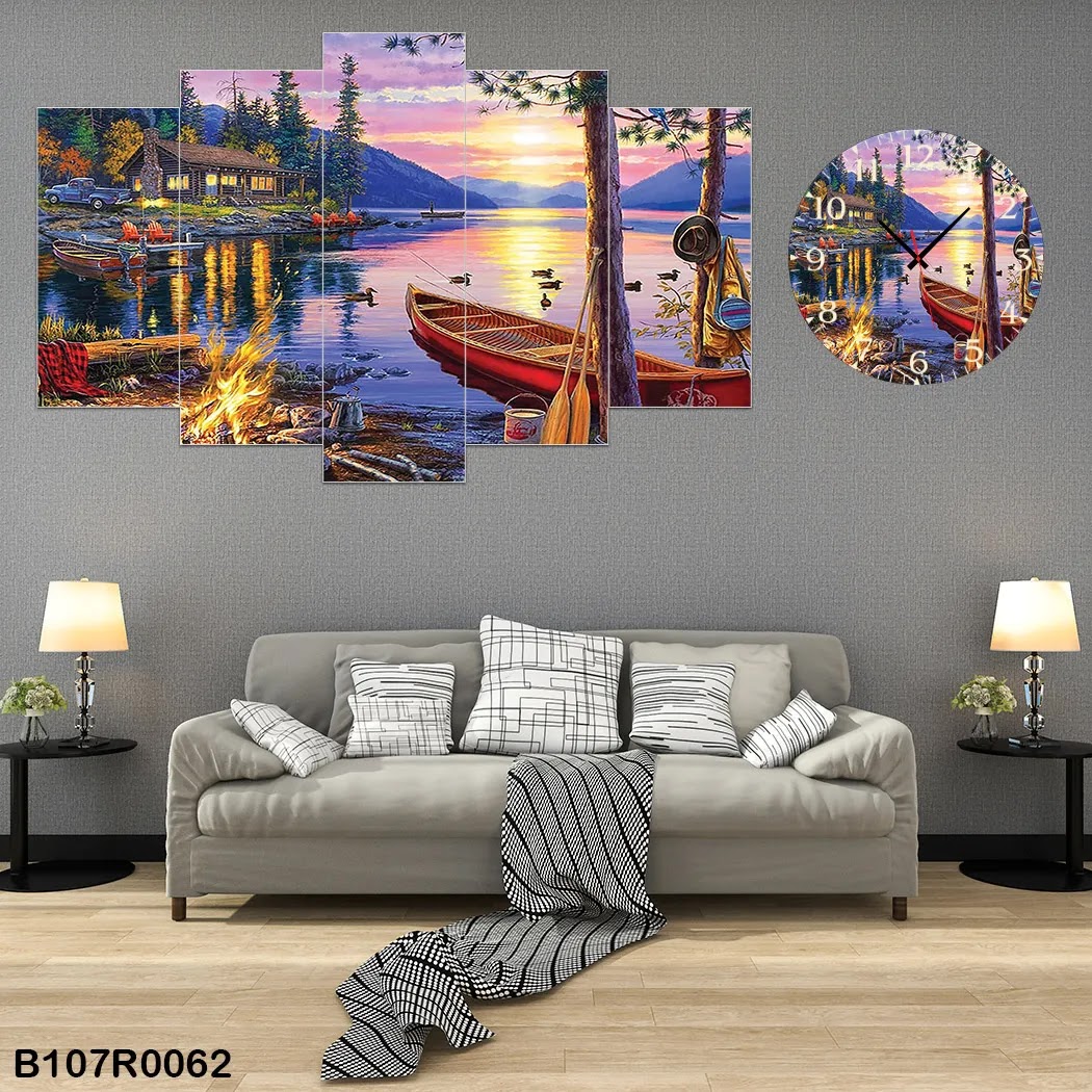 A clock and Large picture of a boat and cottage