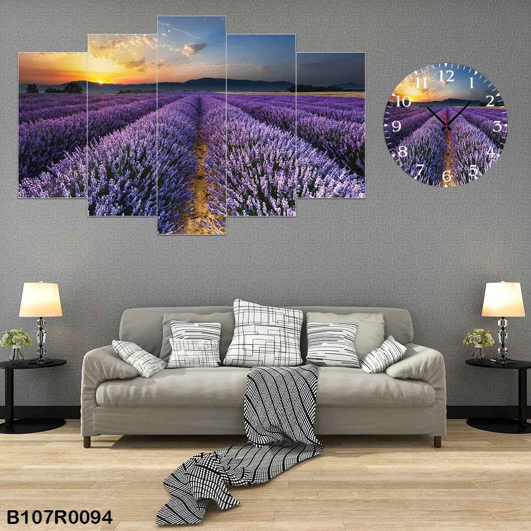A clock and wall panel of violet flowers field