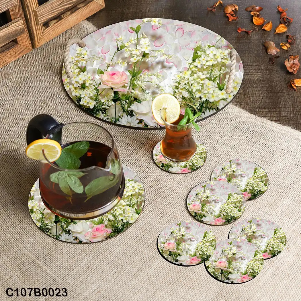 Circular tray set with big and small white flowers