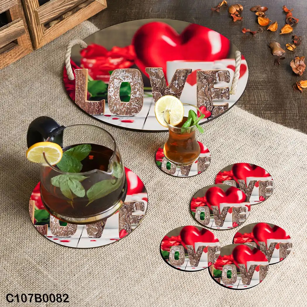 Circular tray set with "LOVE" and big red heart