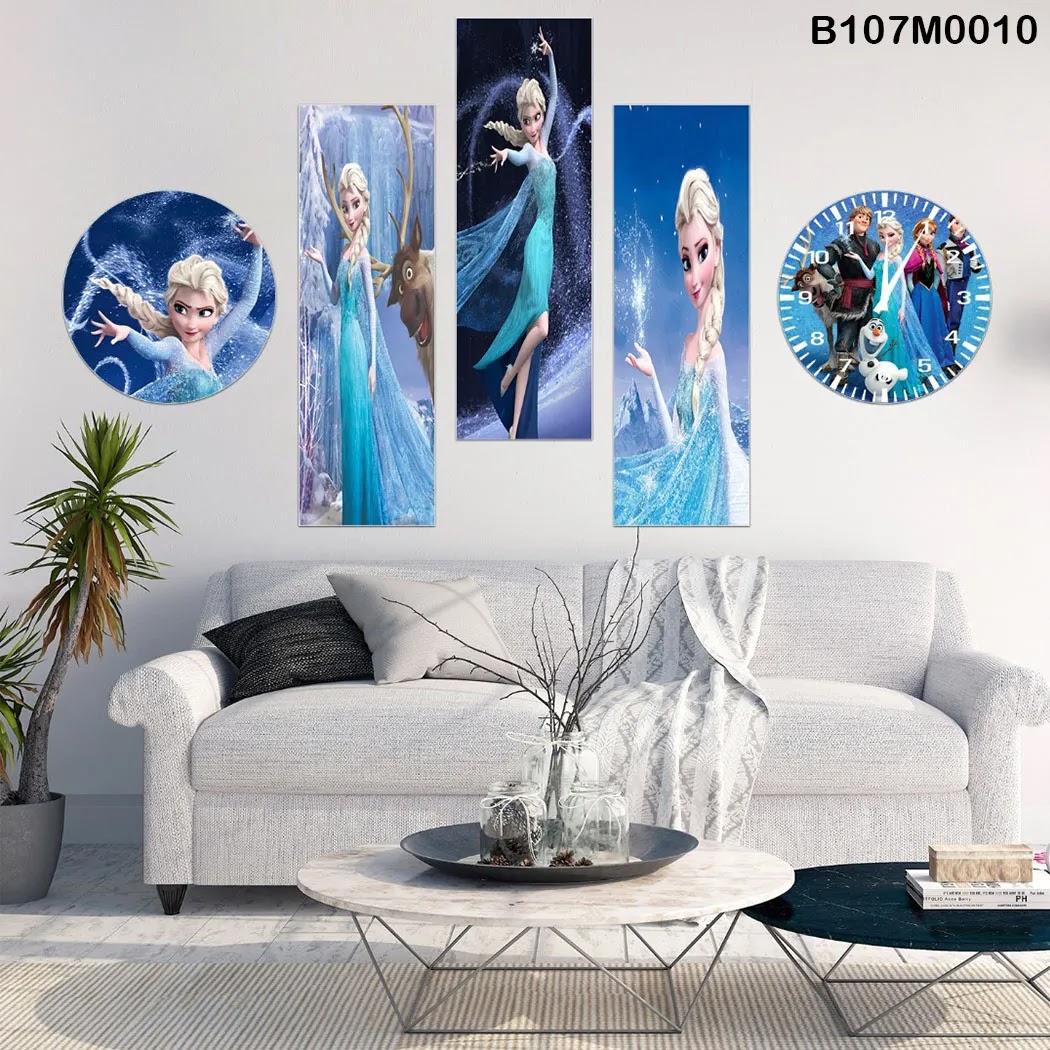 Triptych, clock and a circle for girls rooms with Elsa the snow queen drawings
