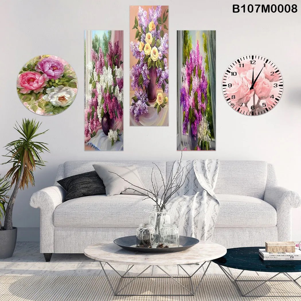 Triptych, clock and a circle with vases & colored flowers