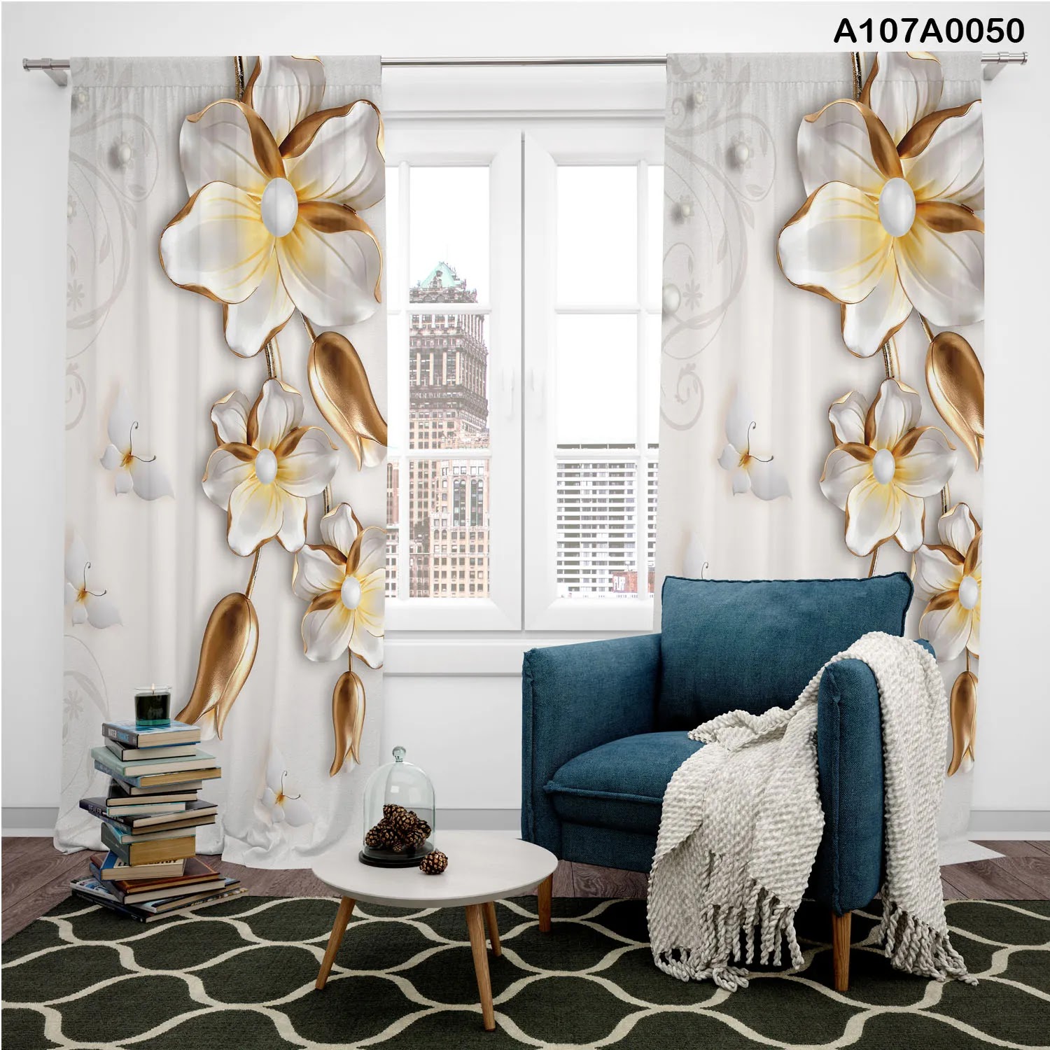 Curtains with gold and white flowers for offices, bed and living room