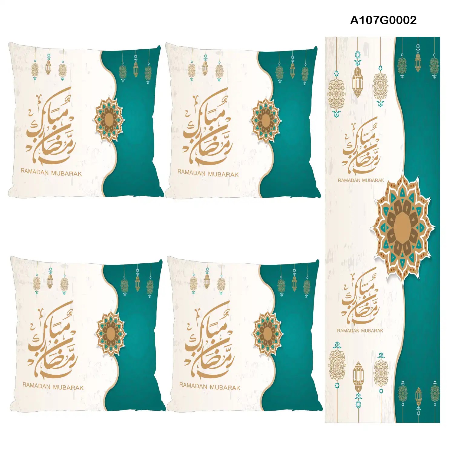 White and green Pillow cover set & table runner for Ramadan