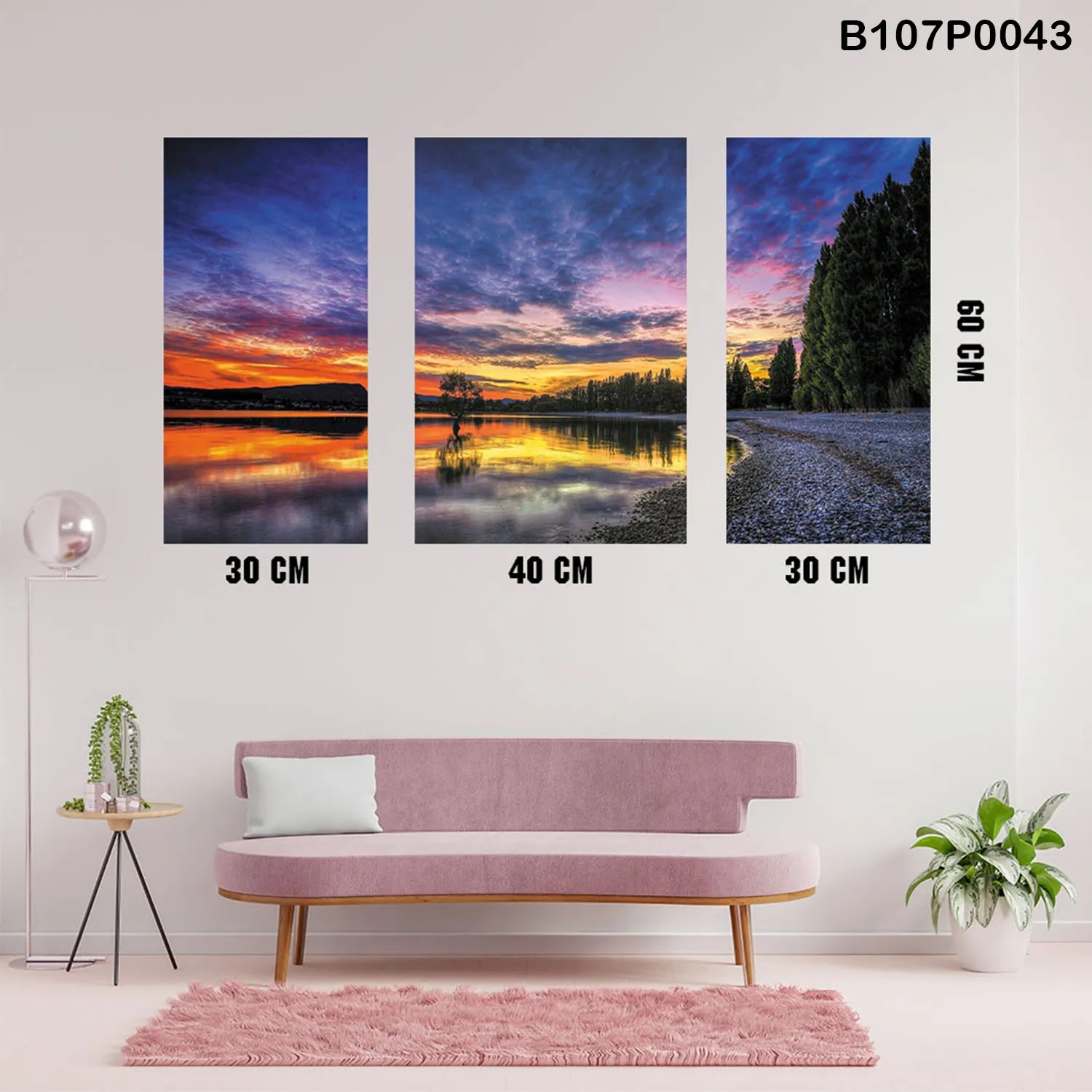 Triptych panel with lake shore at sunset view