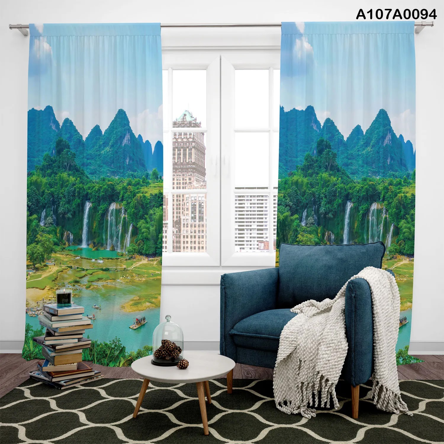 Curtains with natural view and waterfall