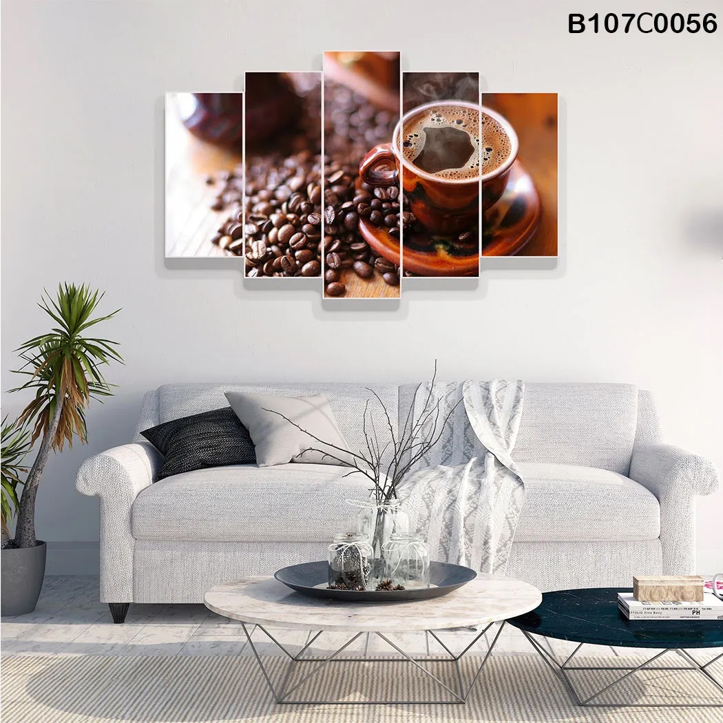 pentagonal plate with coffee beans and  brown cup