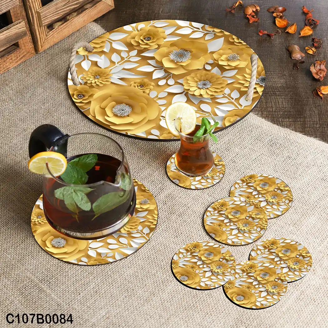 Circular tray set with gold roses and white leaves