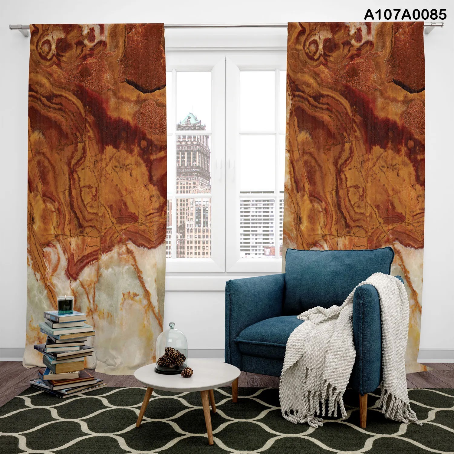 Curtains with color combination of brown and beige for wooden furniture