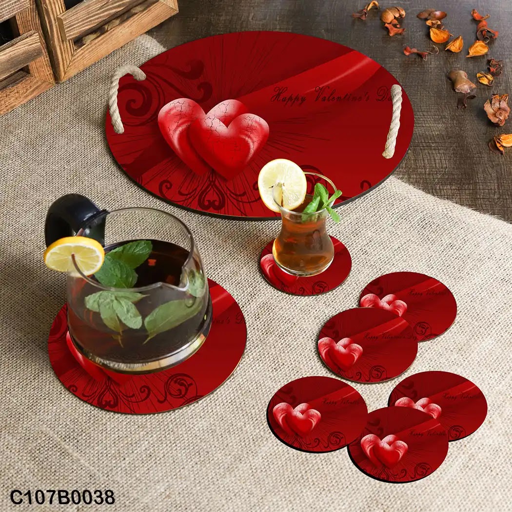 Red background circular tray set with red hearts