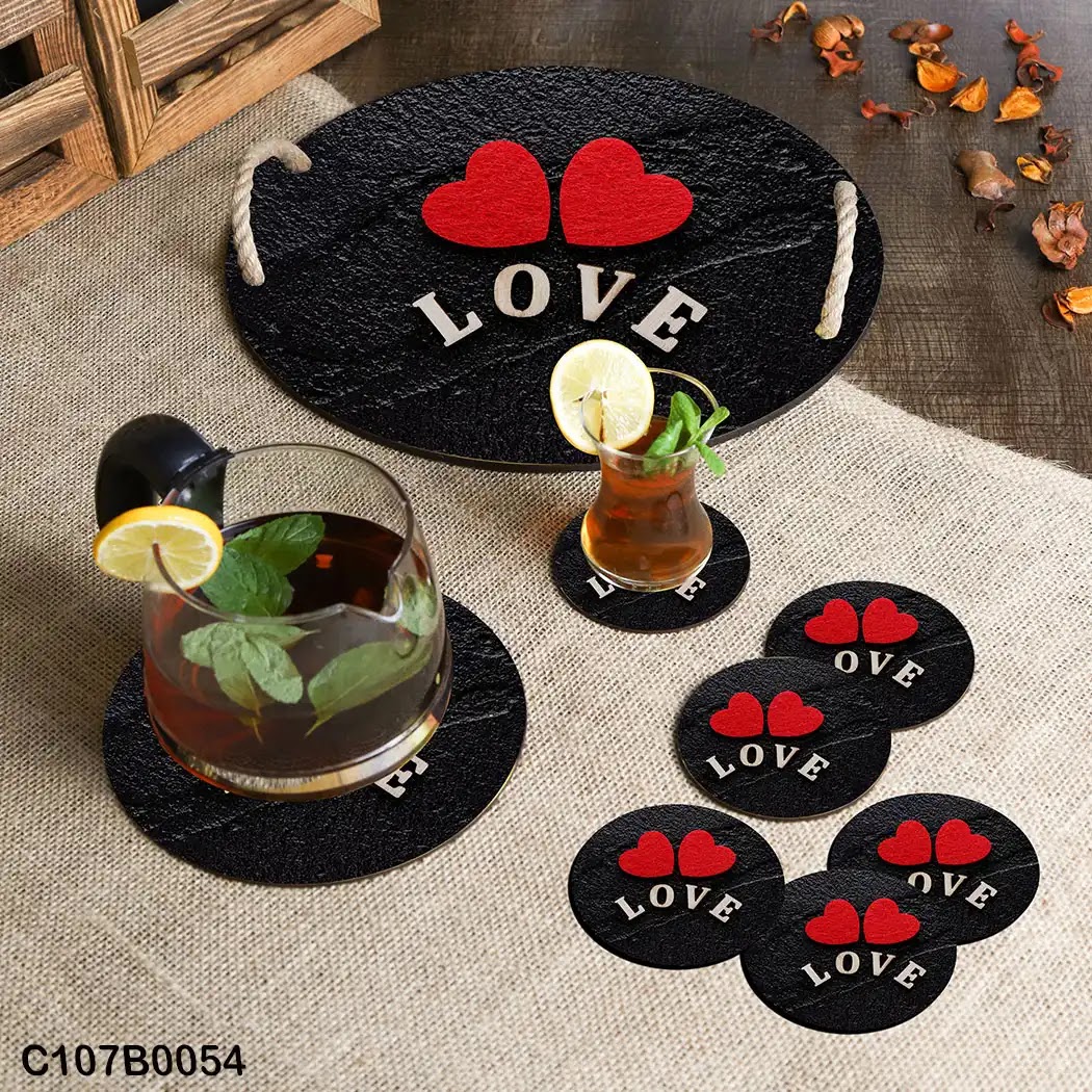 Black background circular tray set with red hearts