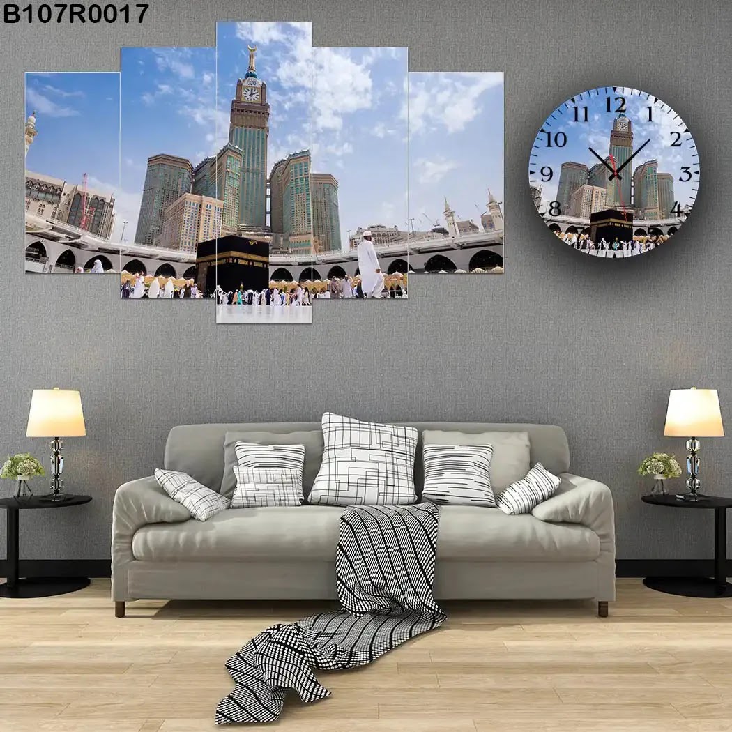 A clock and Wall panel with Kaaba view
