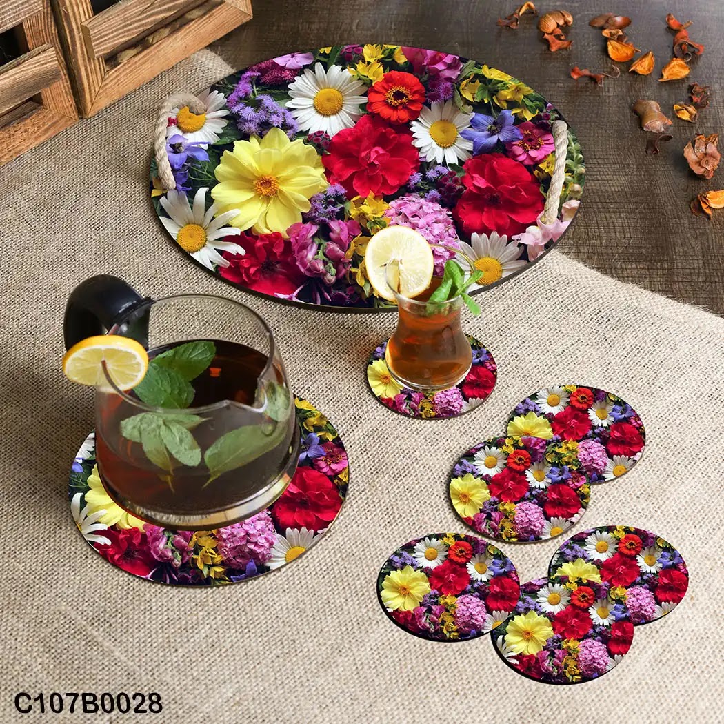 Colored flowers circular tray set