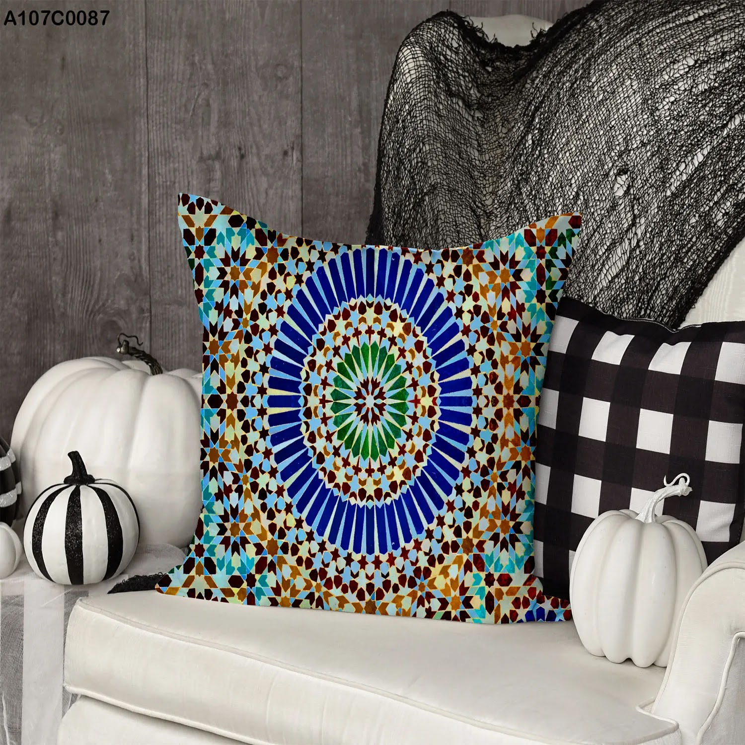 Pillow case with blue & brown gradations oriental trimmings