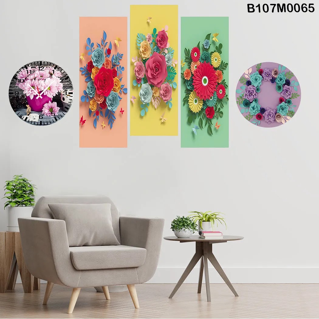 Triptych, clock and a circle with different shiny colored roses