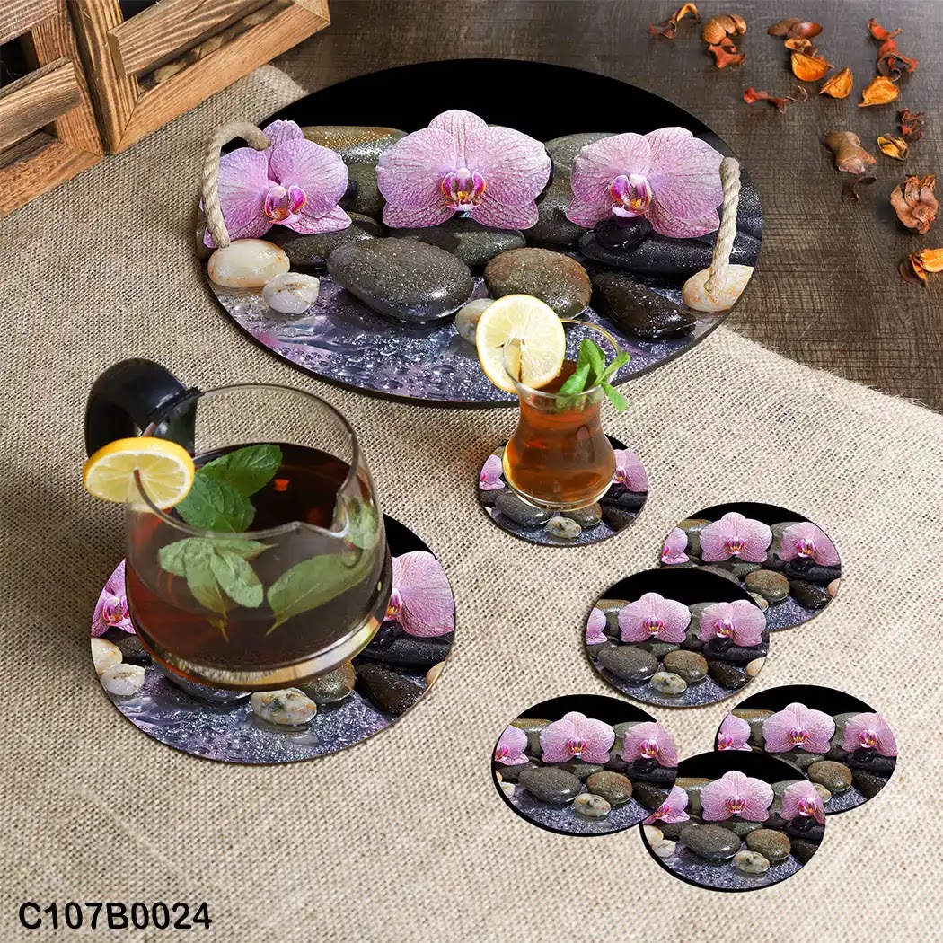 Circular tray set with violet flowers and pebbles
