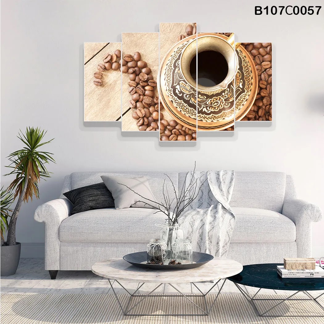 pentagonal plate with coffee beans and  gold cup