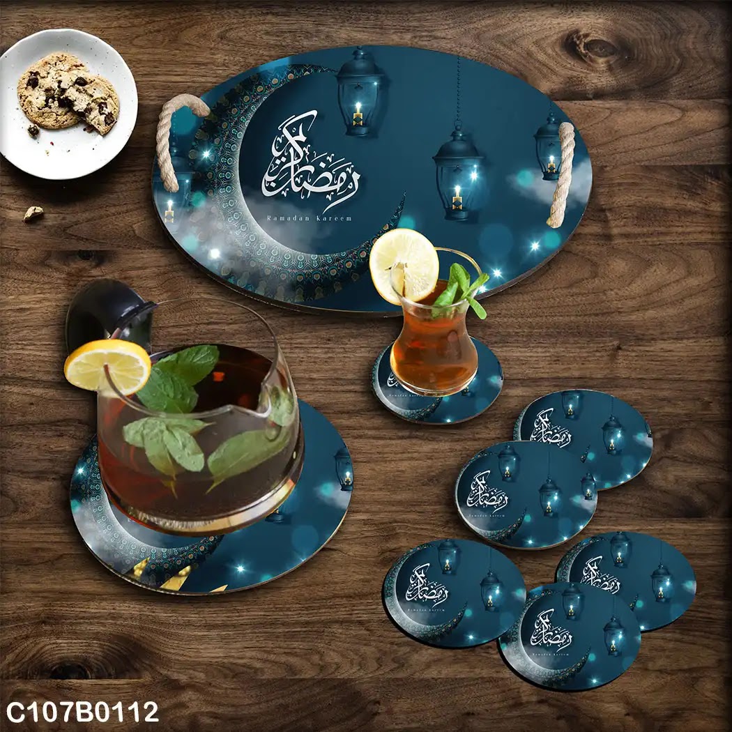 Turquoise background Ramadan circular tray set with white "Ramadan Kareem"