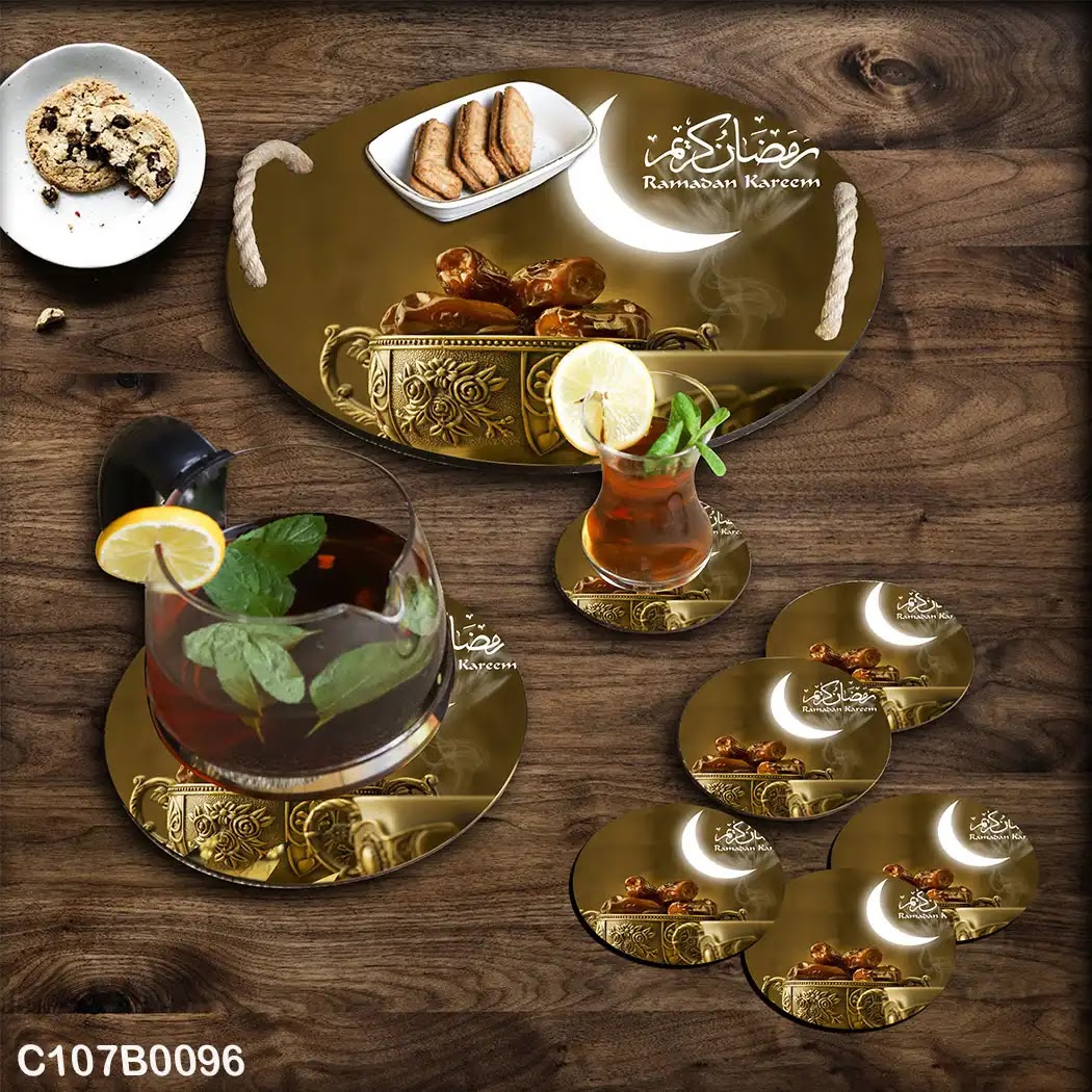 Brown background Ramadan circular tray set with a dates plate