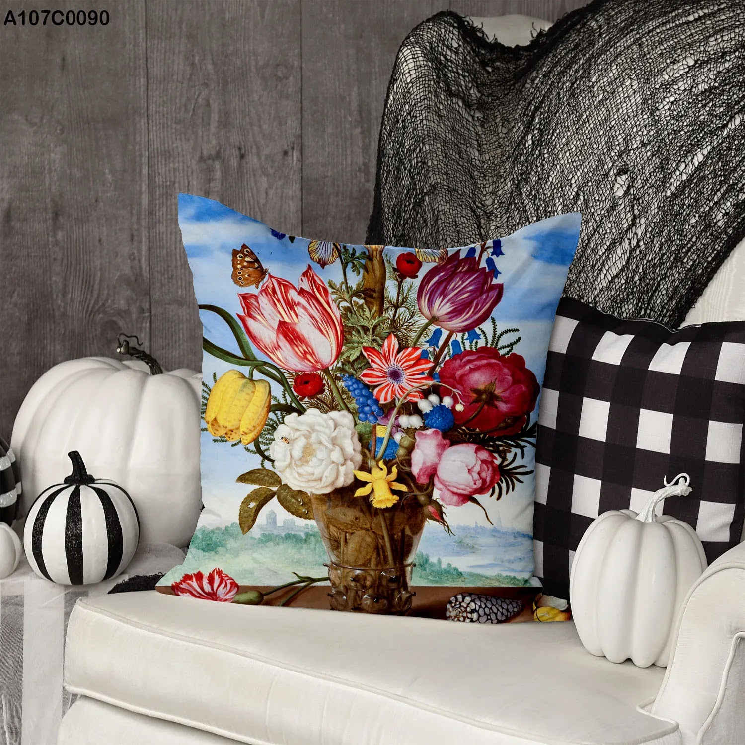 Pillow case with vase and colored roses