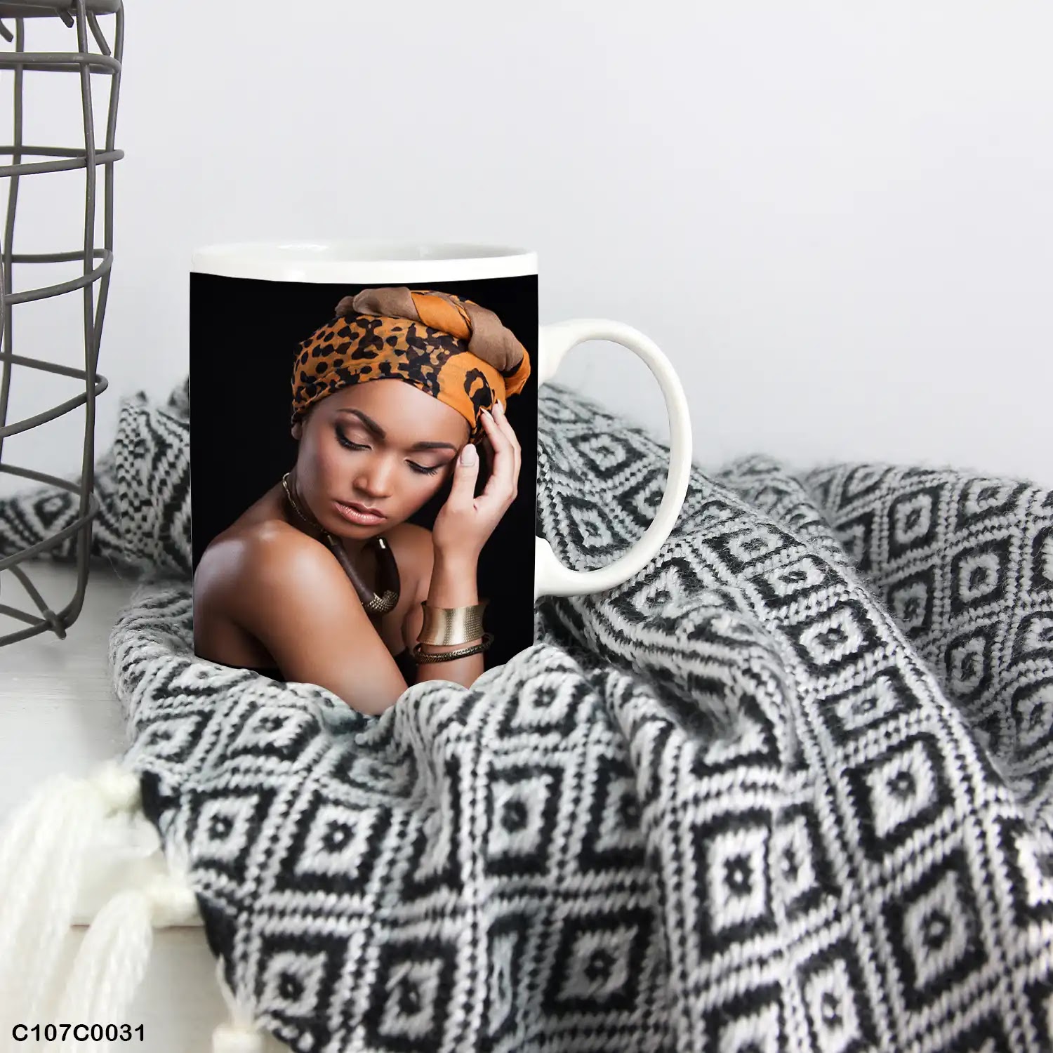 A mug (cup) printed with an image of an African woman