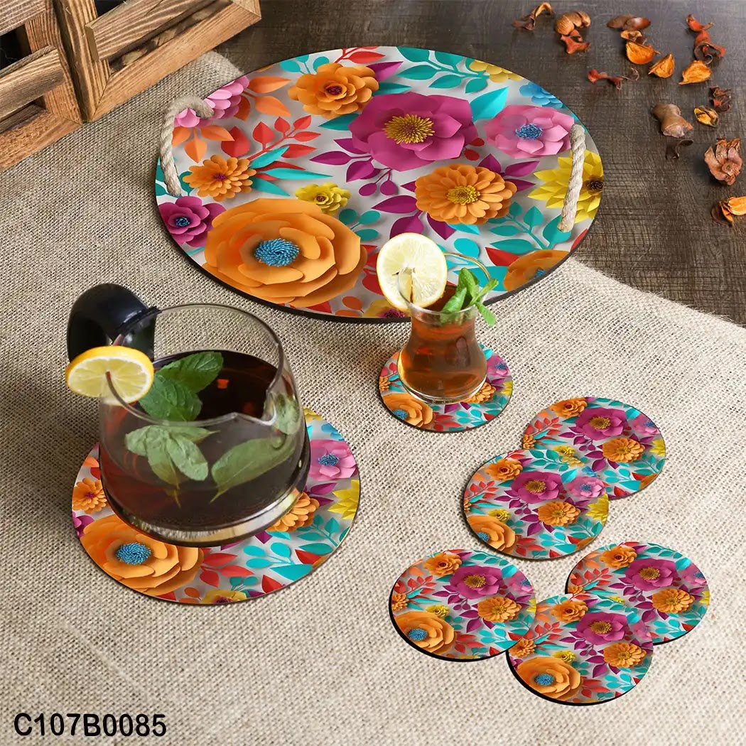 Circular tray set with violet and orange roses