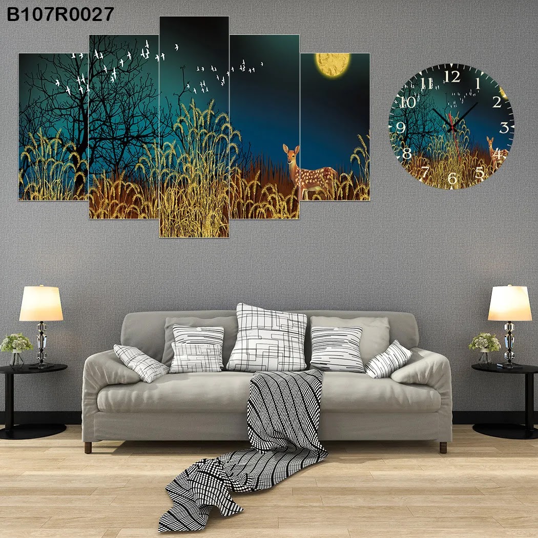A clock and Large picture with birds and deers view