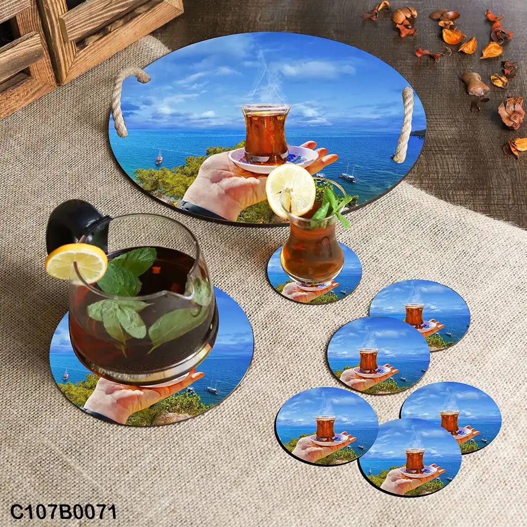 Circular tray set with tea cup picture