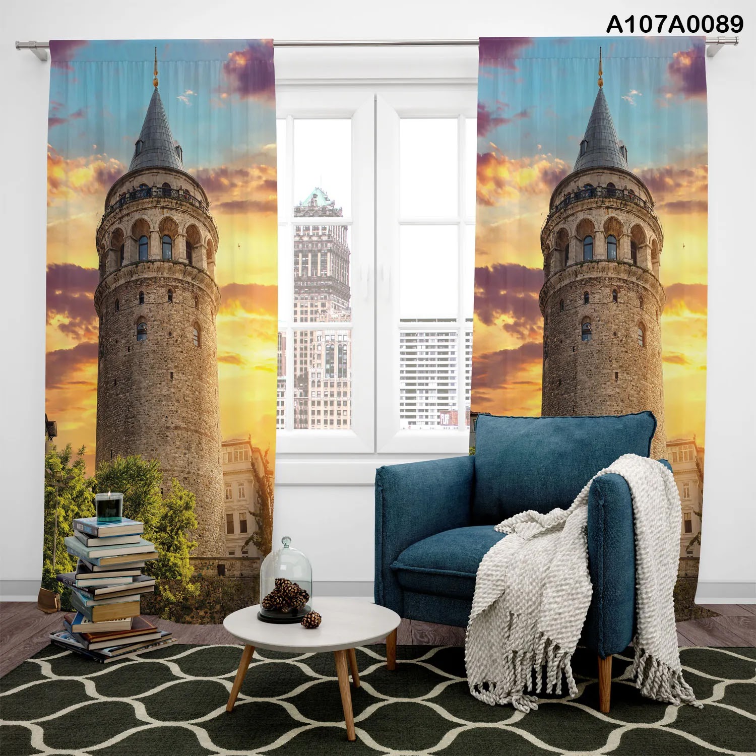 Curtains with Galata tower view at night