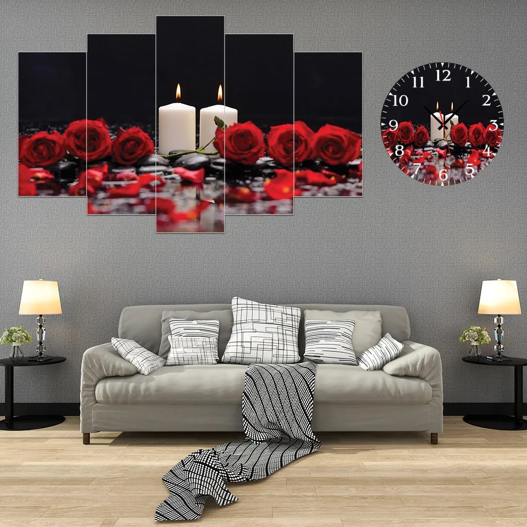 A clock and Wall panel of candles and red roses