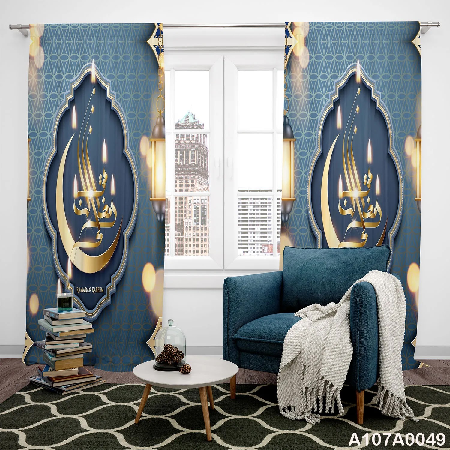 Blue and gold Ramadan kareem curtains