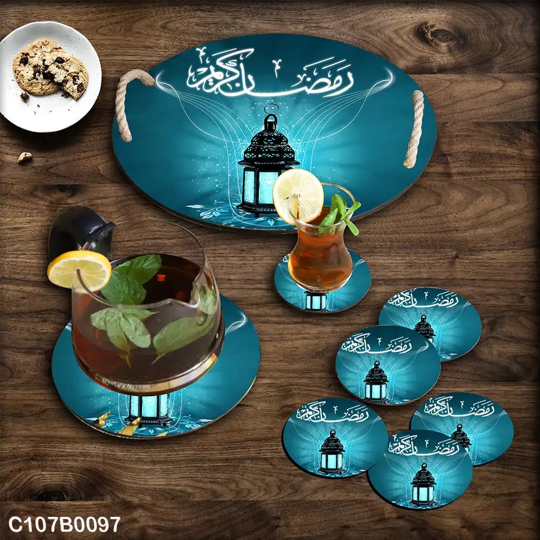 Light blue background Ramadan circular tray set with black lantern