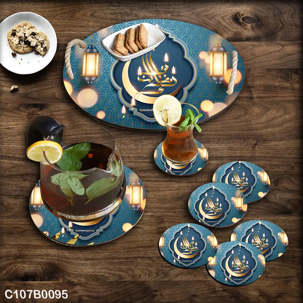 Blue and gold background Ramadan circular tray set with lanterns