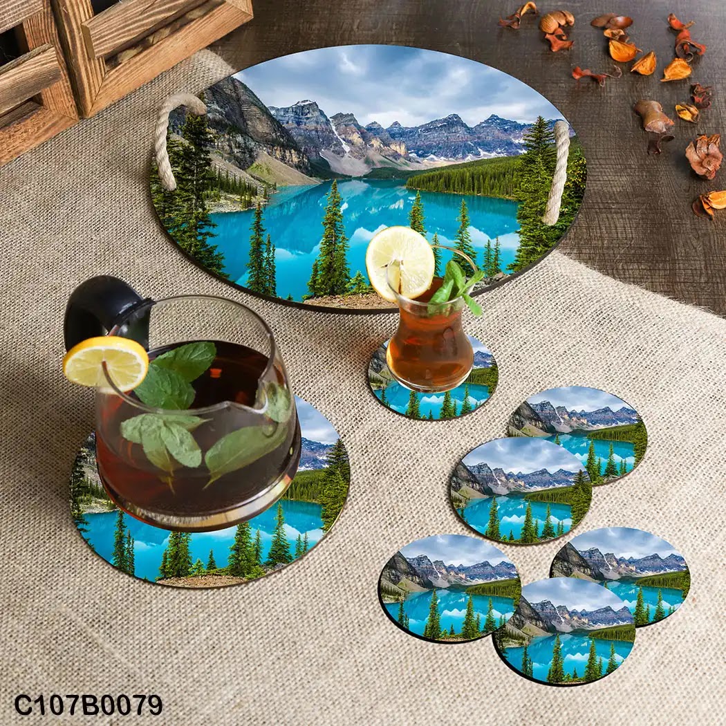 Circular tray set with lake and mountains