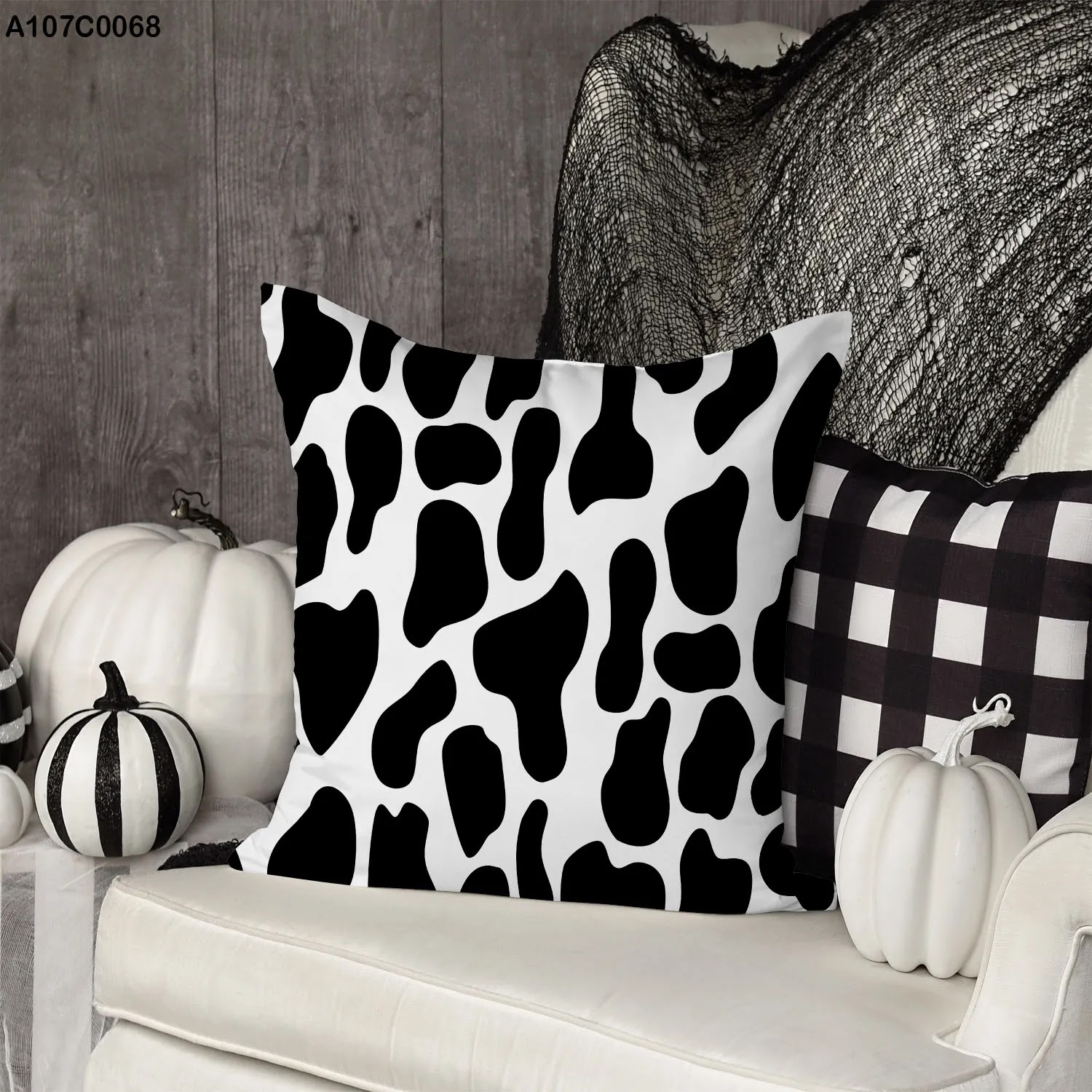 Pillow case with black & white cow skin pattern