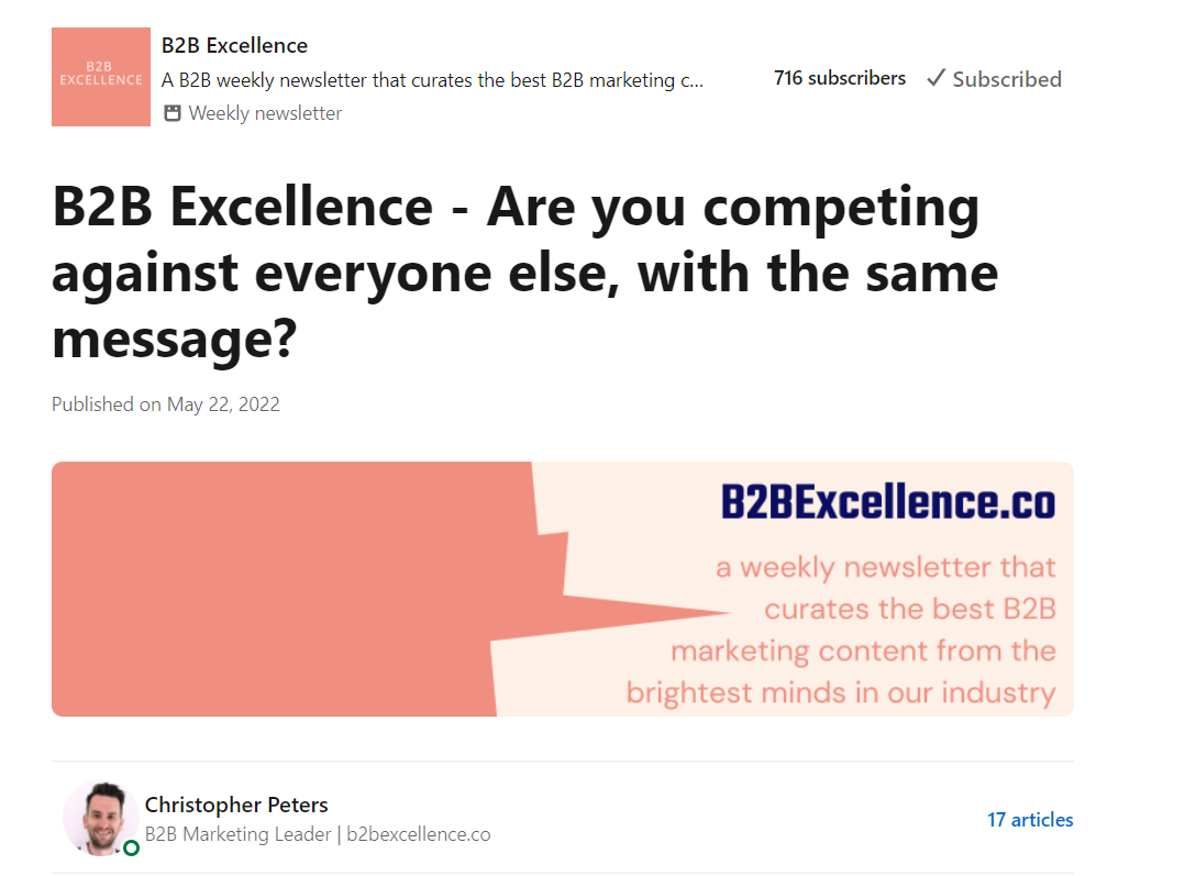 B2B Excellence - a LinkedIn newsletter example by Christopher Peters