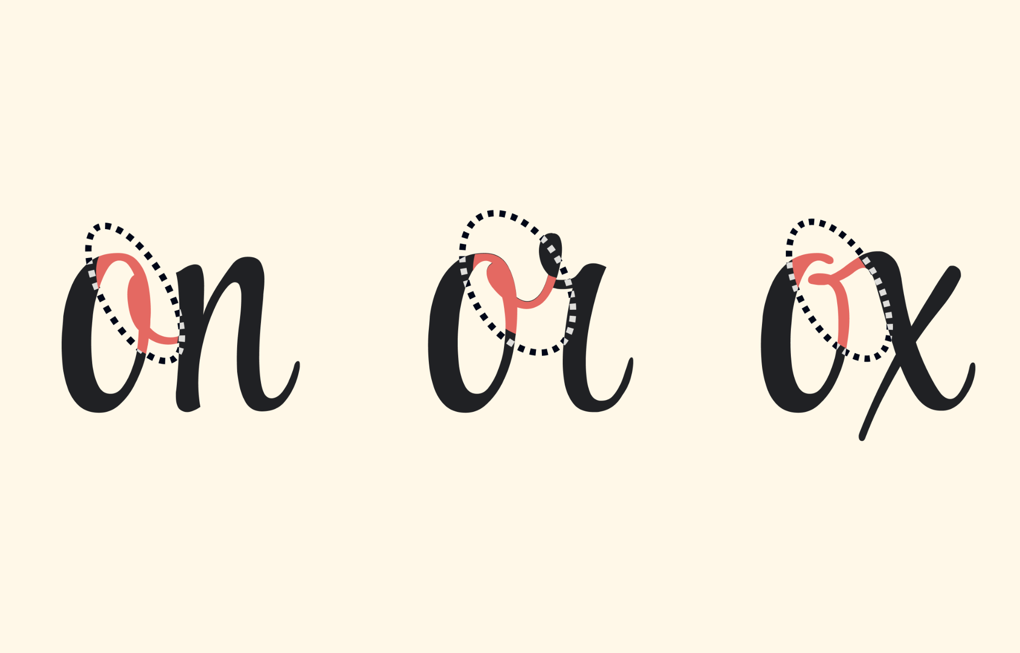 Lowercase combinations of o and n, o and r, and o and x