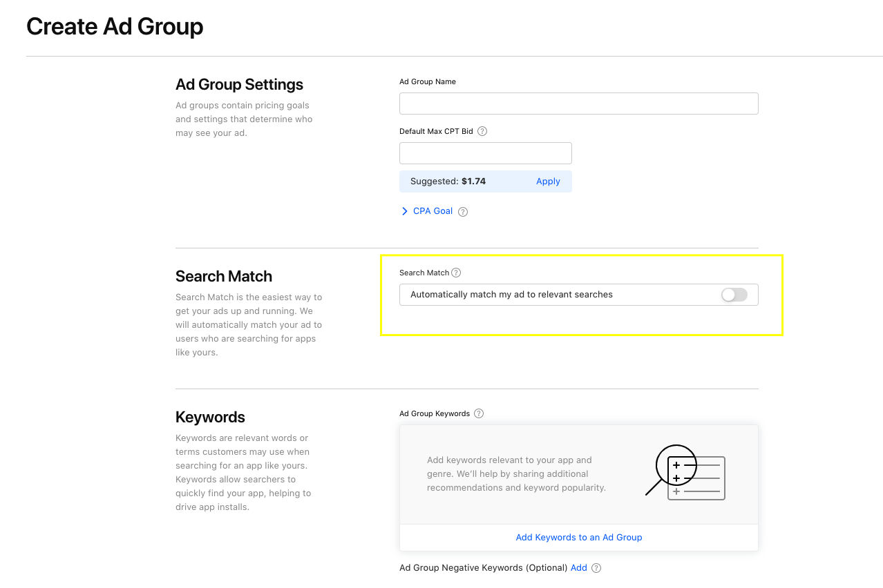 The "Create Ad Group" screen on Apple Search Ads.