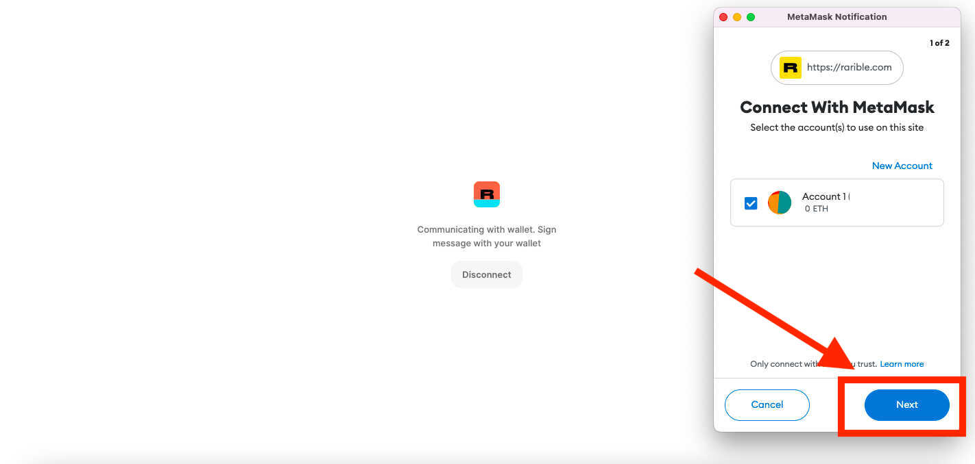 MetaMask pop-up asking the user to confirm the connection with Rarible