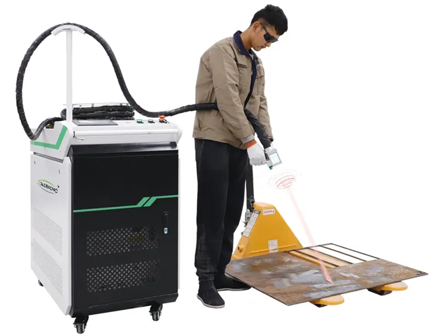 Man using a metal rust removal laser cleaning machine