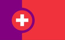 The sex-favorable flag; purple on the left, red on the right, with a red circle in the purple and a white plus sign in the circle