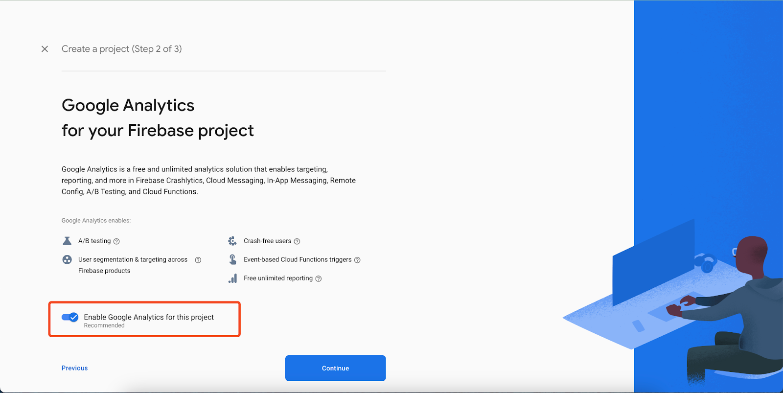 This image shows how to enable google analytics for the proejct